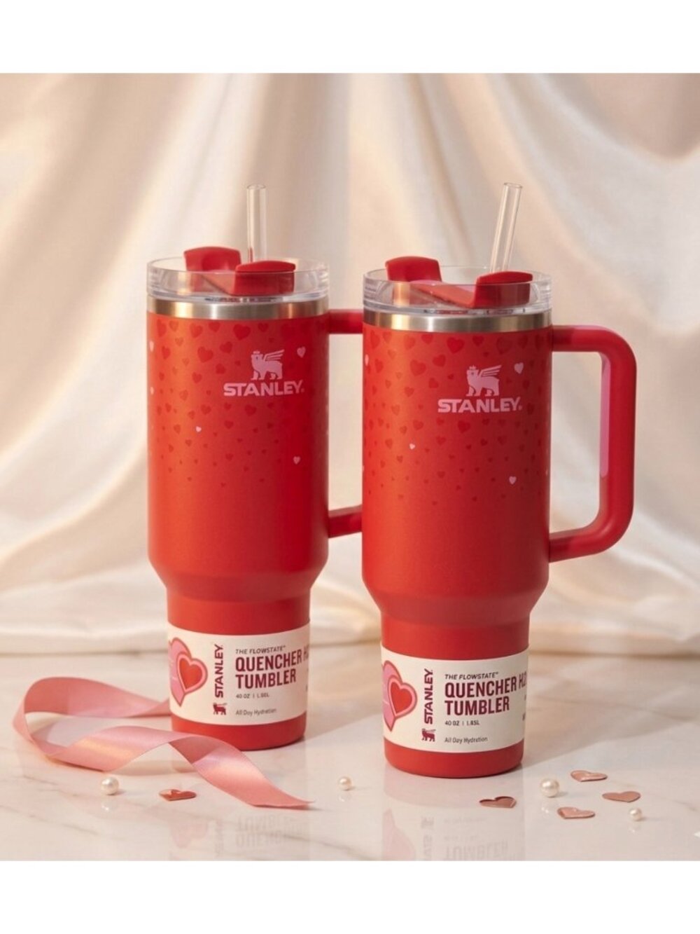 Set of 2 Stanley Flowstate Quencher H2.0 Tumbler 40oz Red Valentines Edition Wit